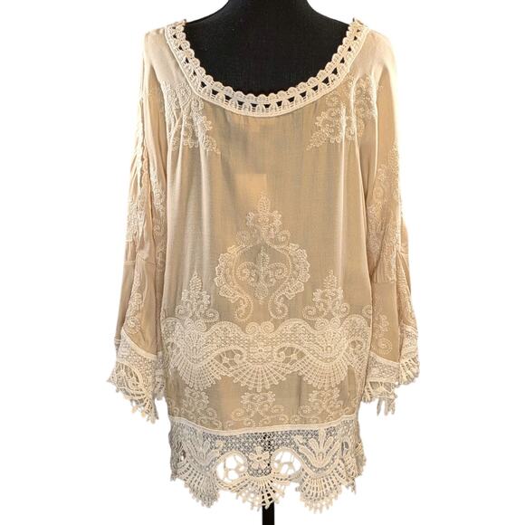 NWT Solitaire Beige Embroidered Tunic Shirt Size S Slit Sleeve Boho - Picture 4 of 16